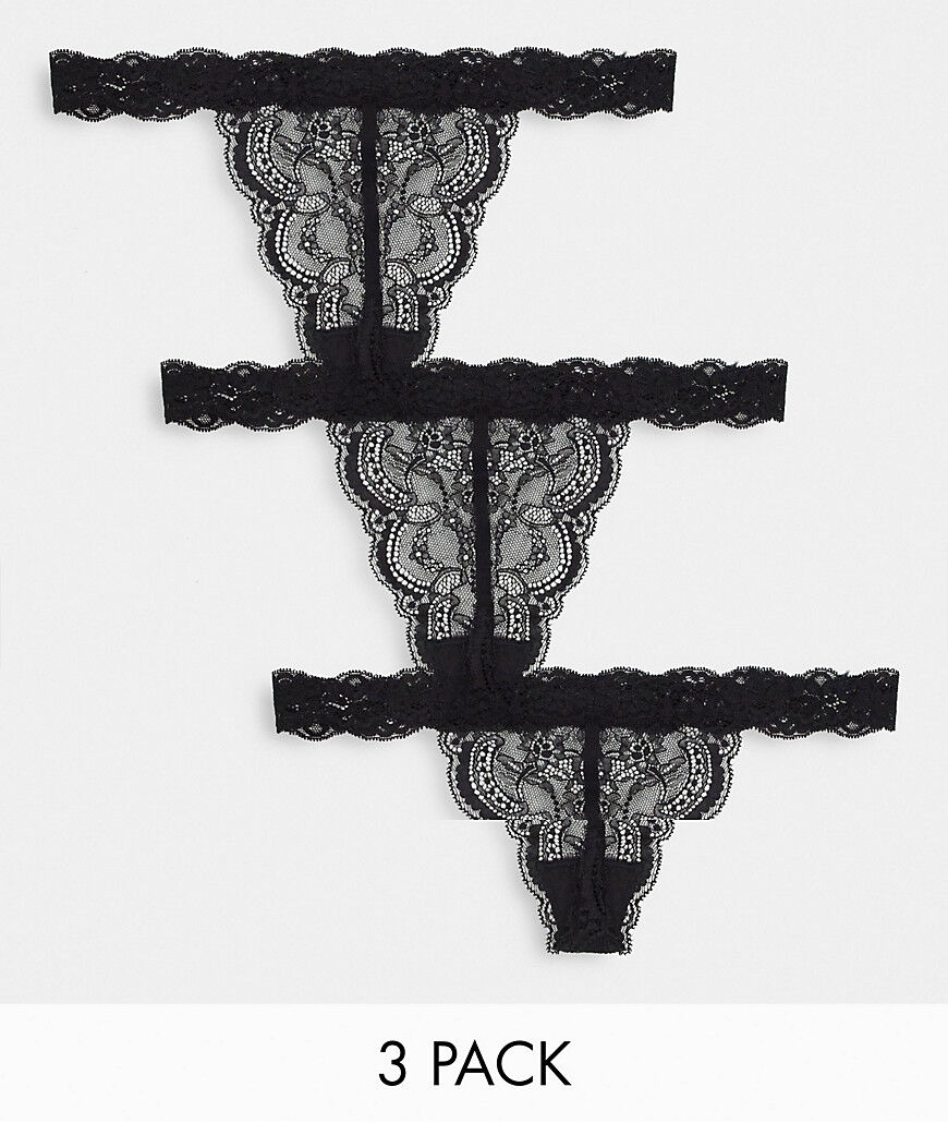 ASOS DESIGN 3 pack lace thong with t back in black  Black