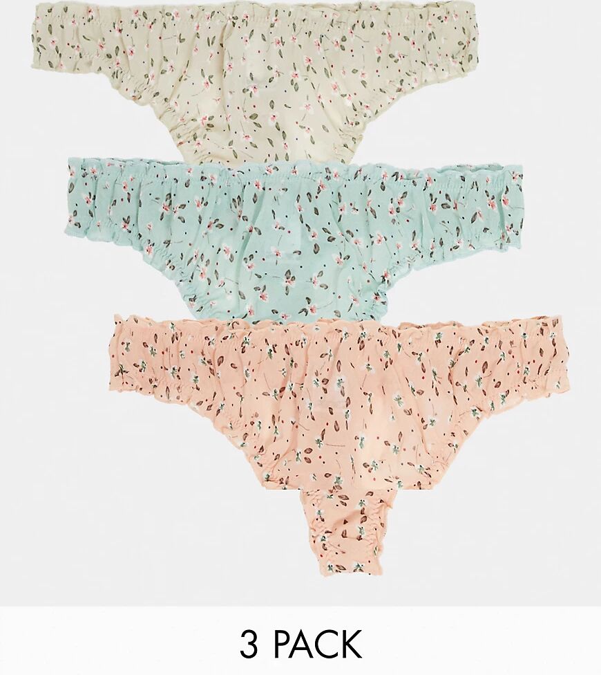 ASOS DESIGN 3 pack mesh frill thong in ditsy floral print-Multi  Multi