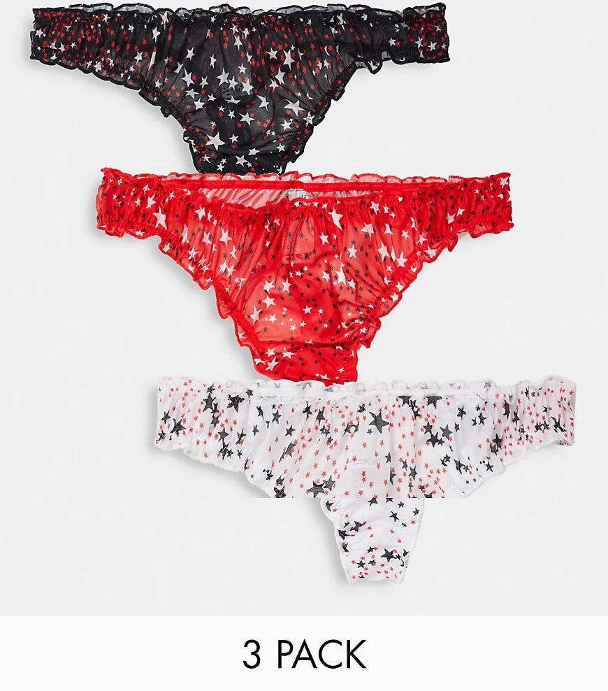 ASOS DESIGN 3 pack mesh frill thong in star print-Multi  Multi