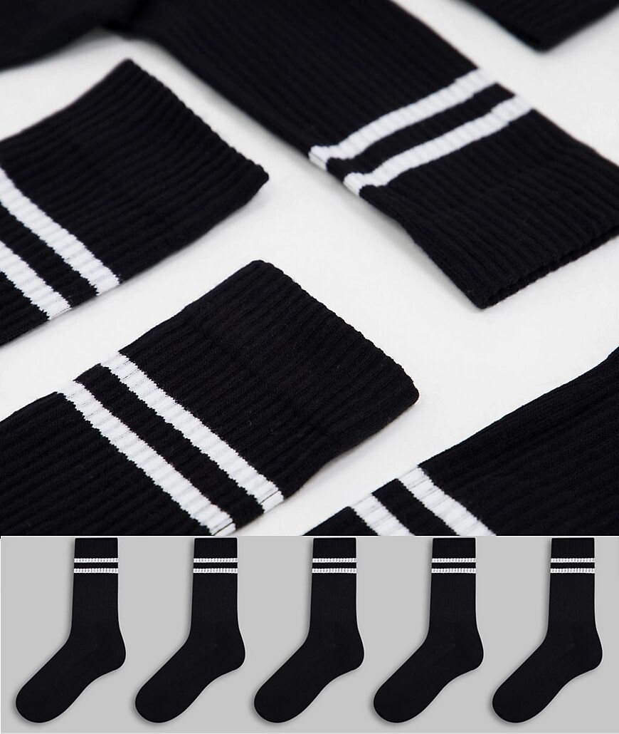 ASOS DESIGN 5 pack sport socks in black with white stripe save  Black