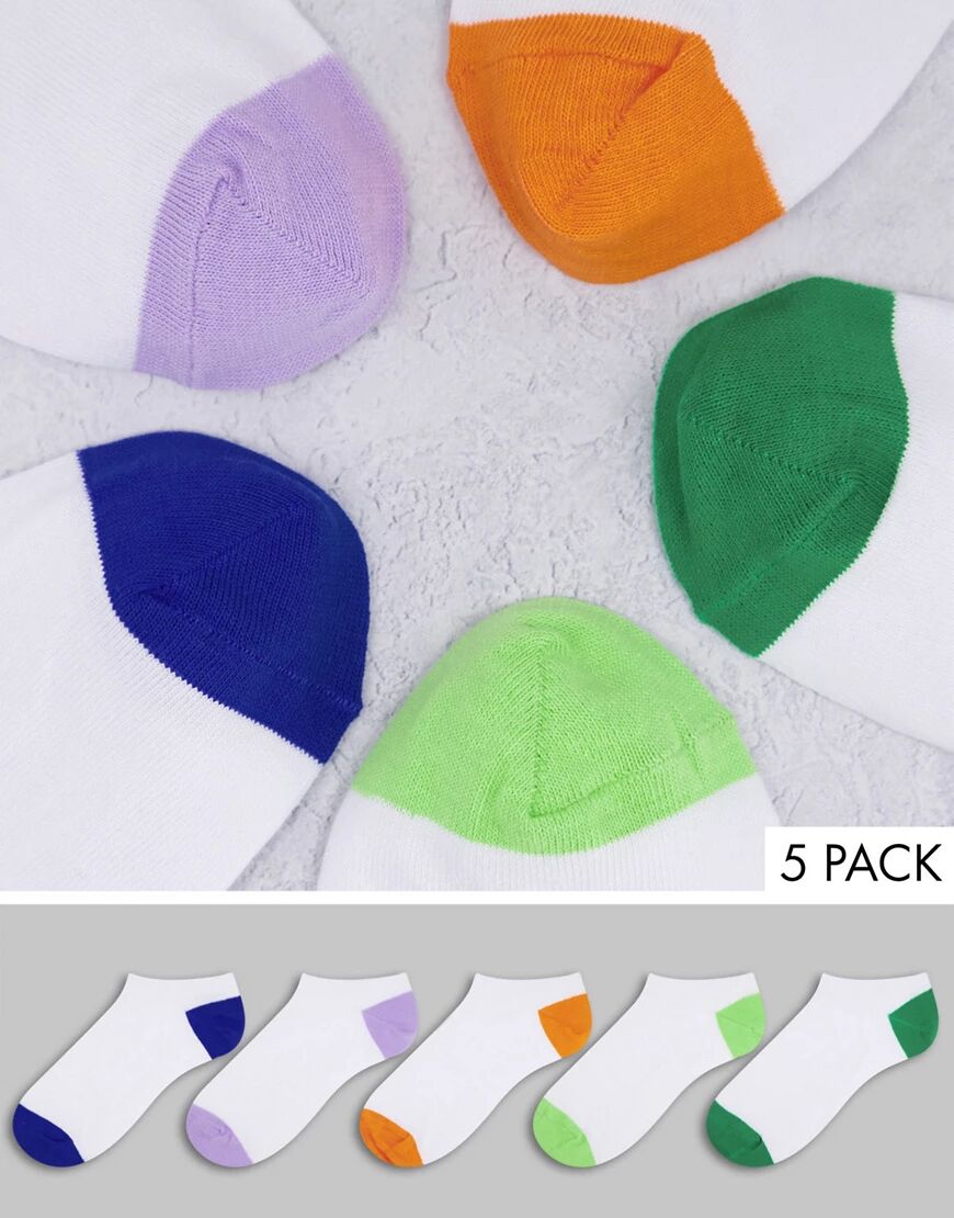 ASOS DESIGN 5 pack white trainer socks with contrast colour block  White