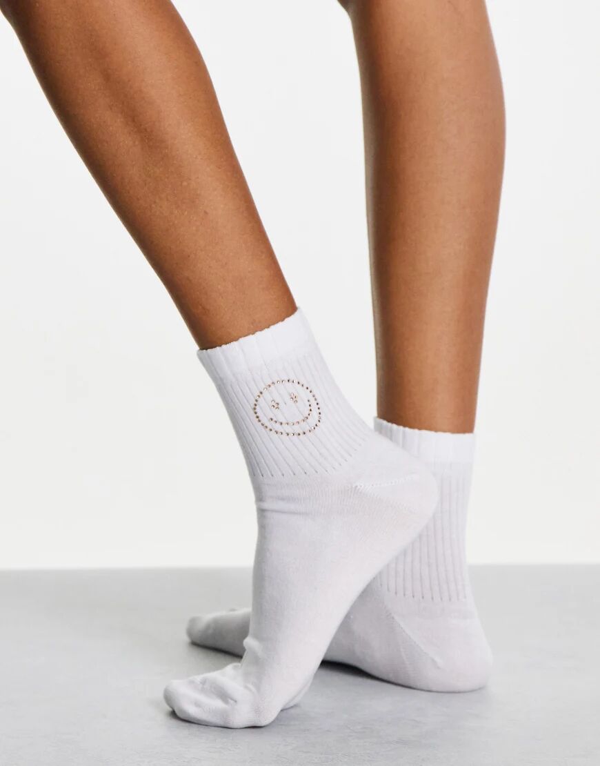 ASOS DESIGN ankle socks with hotfix happy face in white-Multi  Multi