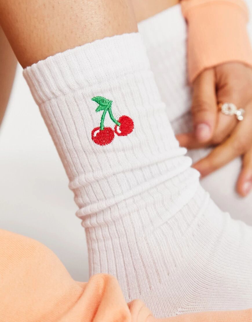 ASOS DESIGN calf length rib socks with cherry embroidery in white  White