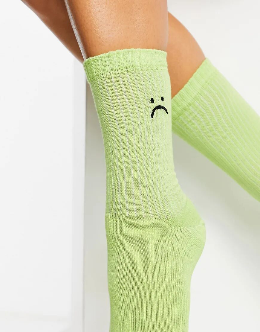 ASOS DESIGN calf length rib socks with face embroidery in green  Green