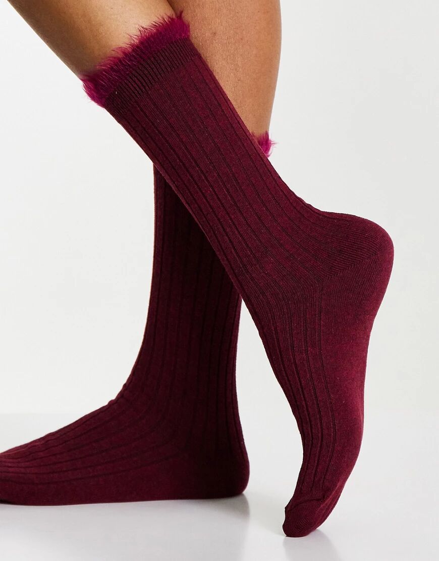 ASOS DESIGN calf length rib socks with fluffy welt in burgundy-Red  Red