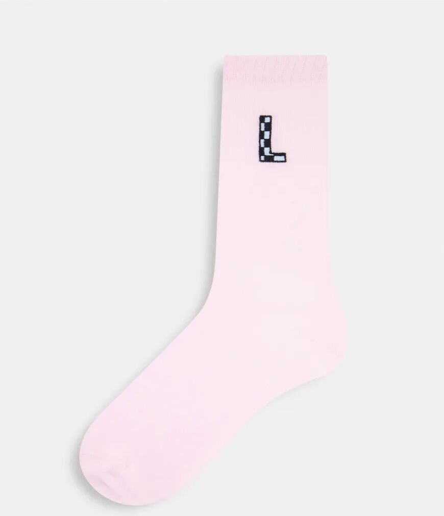 ASOS DESIGN calf length rib socks with L initial in pink  Pink