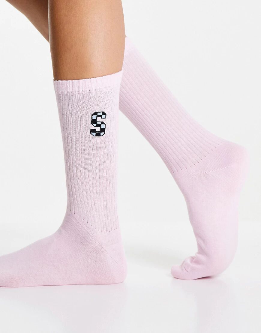 ASOS DESIGN calf length rib socks with S initial in pink  Pink