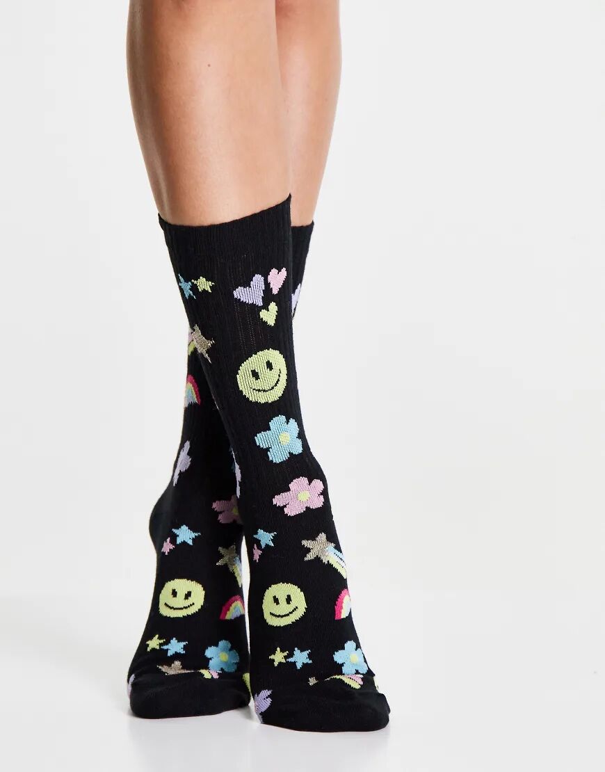 ASOS DESIGN calf length socks with 90's print in black  Black