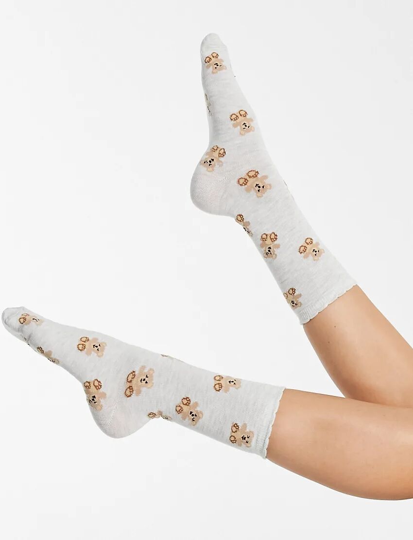 ASOS DESIGN calf length teddy print socks with picot welt in grey marl  Grey