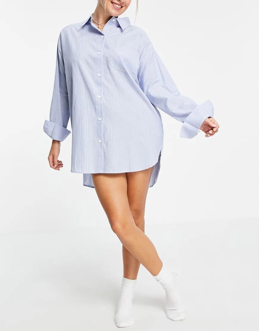 ASOS DESIGN cotton stripe oversized sleep shirt in blue & white  Blue