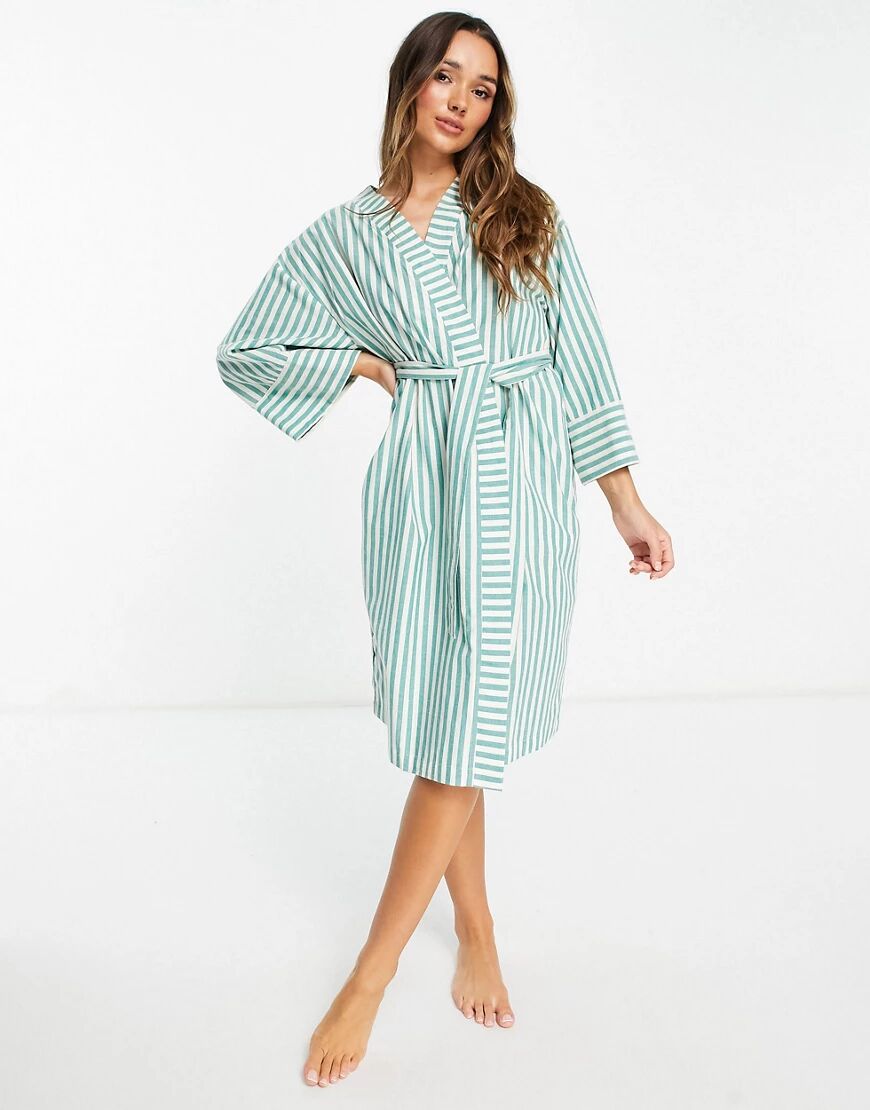 ASOS DESIGN cotton stripe robe in green & cream-Multi  Multi