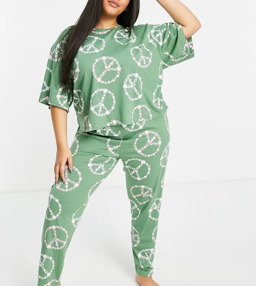 ASOS Curve ASOS DESIGN Curve exclusive floral peace cropped tee & jogger pyjama set in green  Green