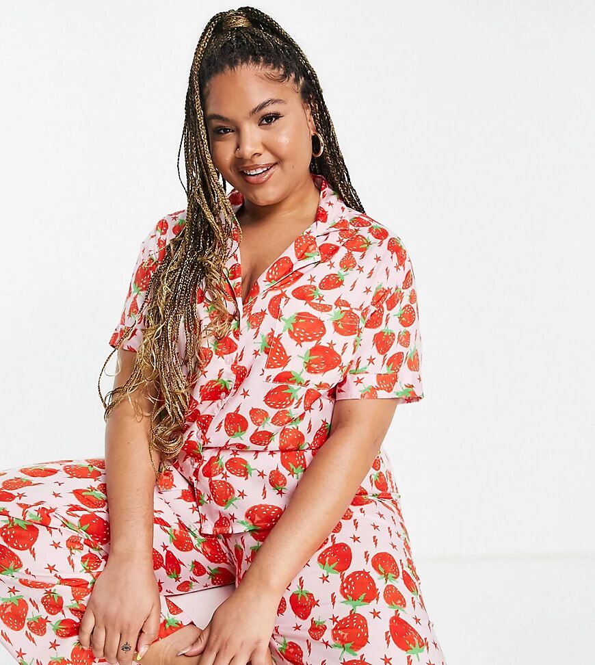 ASOS Curve ASOS DESIGN Curve mix & match modal lightning bolt strawberry pyjama shirt in pink  Pink