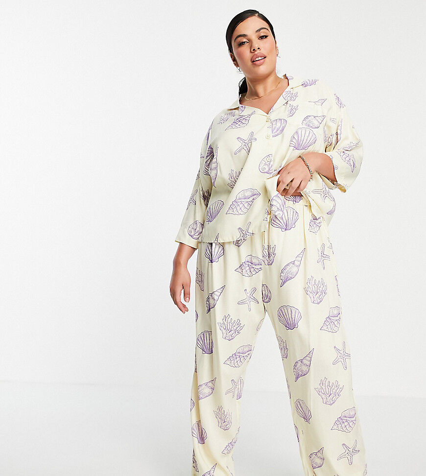 ASOS Curve ASOS DESIGN Curve modal seashell long sleeve shirt and trouser pyjama set in yellow  Yellow