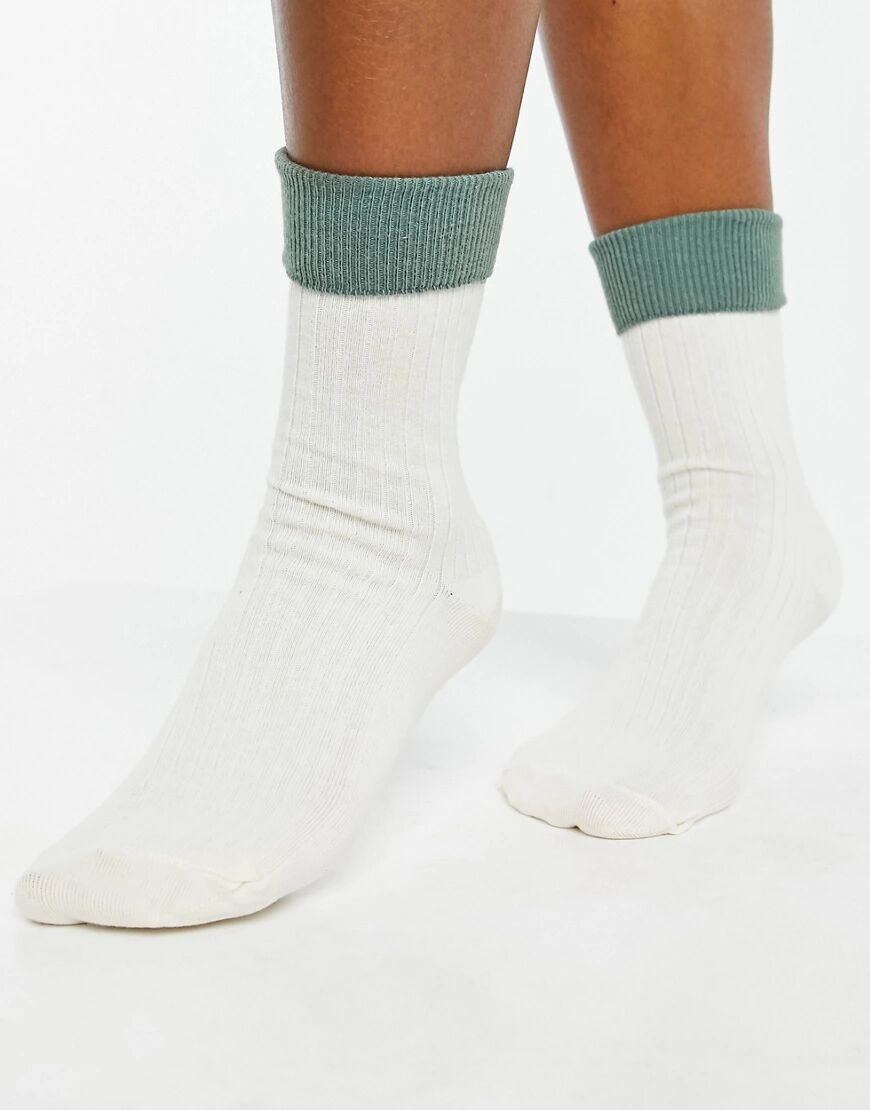 ASOS DESIGN fold top colour block socks in cream and sage-Green  Green