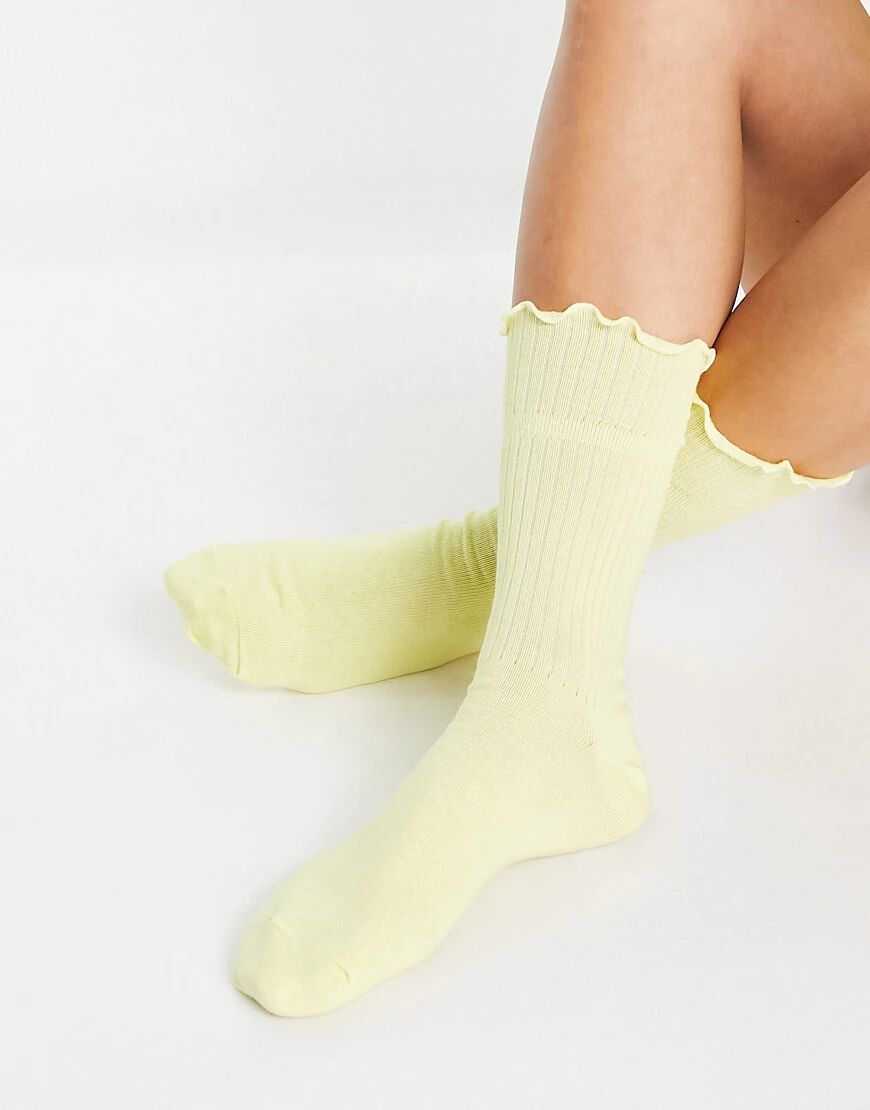 ASOS DESIGN fold top frill calf length socks in lemon-Yellow  Yellow