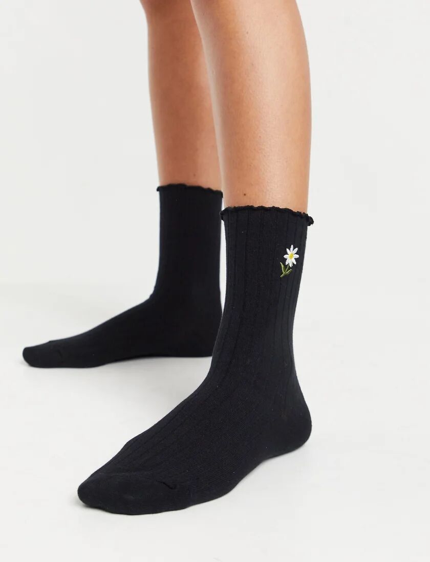 ASOS DESIGN frill top calf length socks with daisy embroidery in black  Black