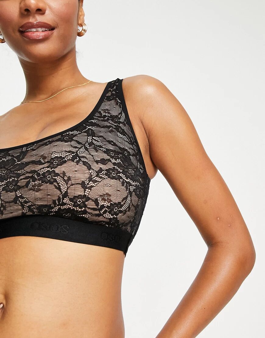 ASOS DESIGN Fuller Bust Caris lace scoop bra with logo elastic in black  Black