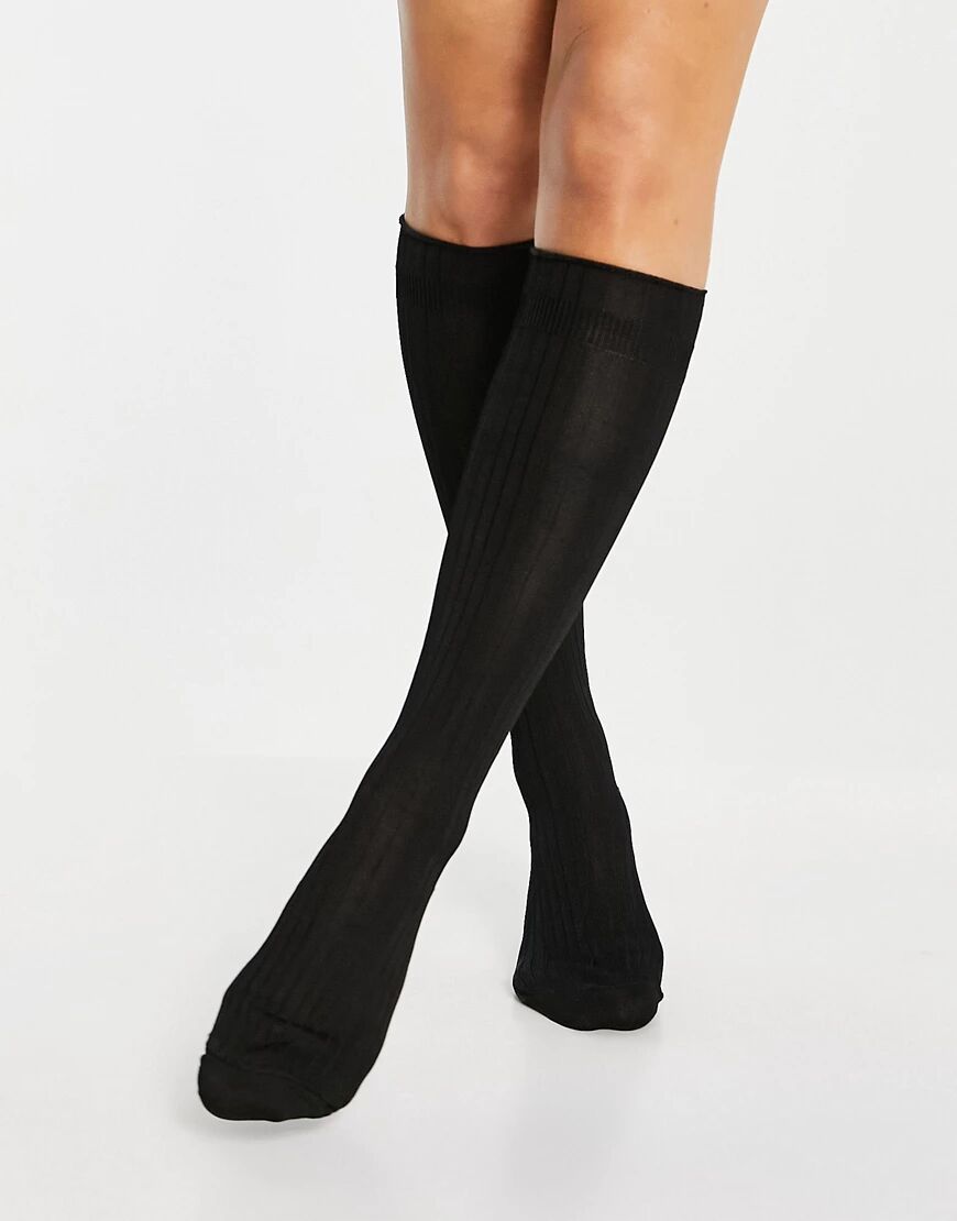 ASOS DESIGN knee high slinky socks in black  Black