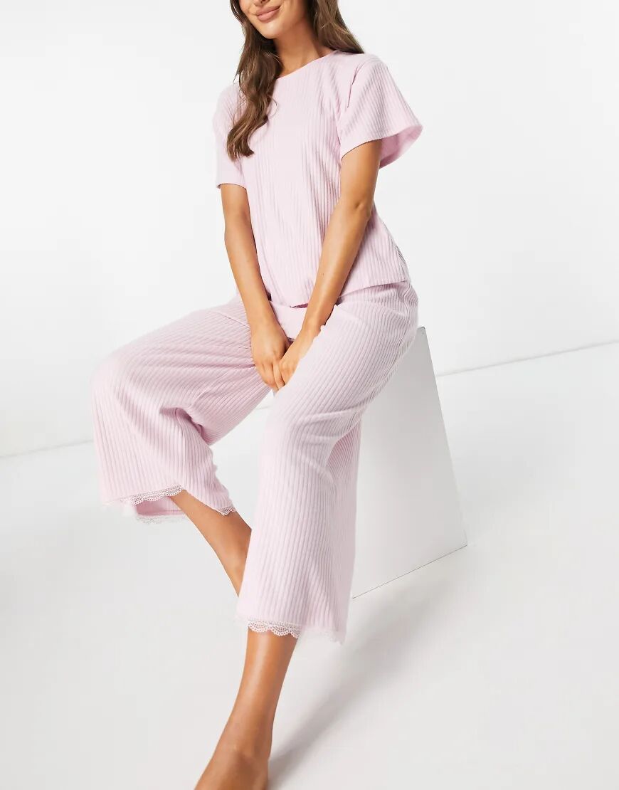 ASOS DESIGN mix & match jersey rib & lace pyjama culotte trouser in pink  Pink