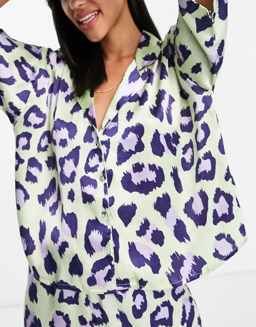 ASOS DESIGN mix & match pastel animal satin pyjama shirt in lime & lilac-Green  Green