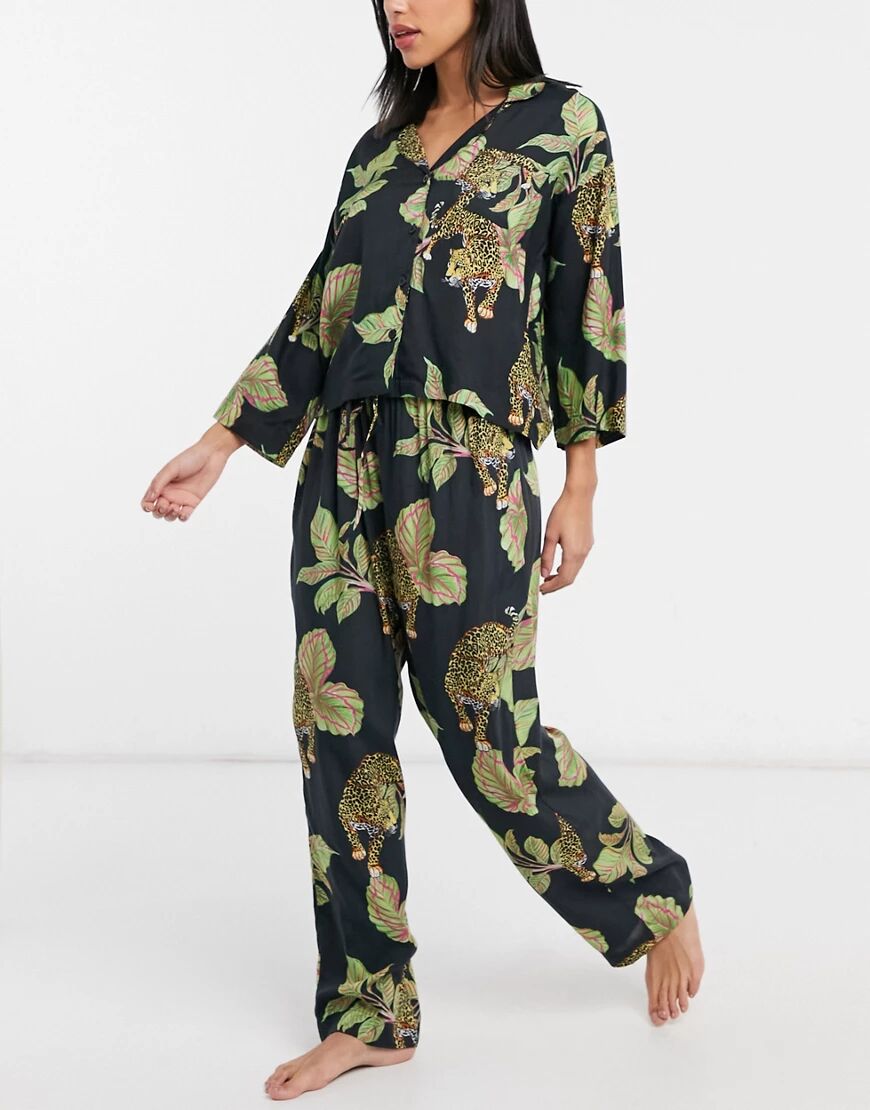 ASOS DESIGN modal botanical tiger long sleeve shirt & trouser pyjama set in multi  Multi