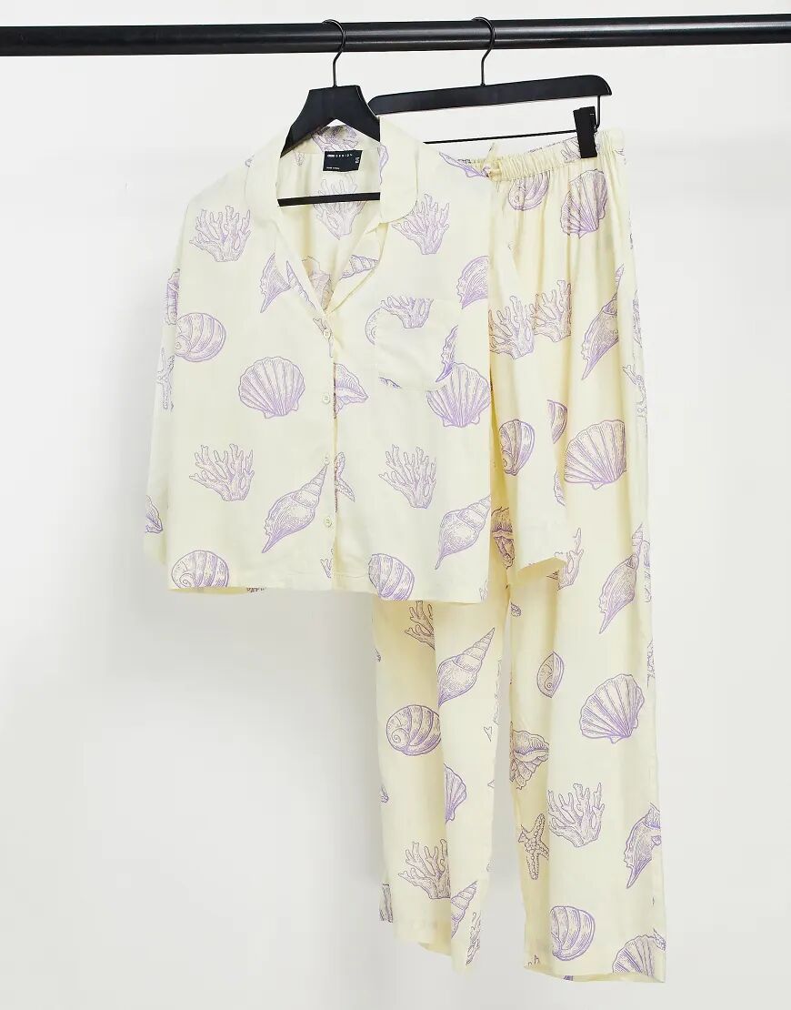 ASOS DESIGN modal seashell long sleeve shirt and trouser pyjama set in yellow  Yellow