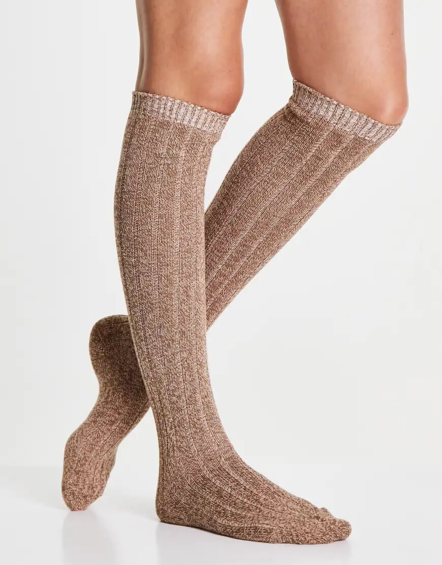 ASOS DESIGN over the knee rib socks in brown mixed knit  Brown