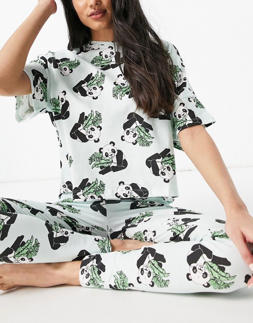 ASOS DESIGN panda palm tee & legging pyjama set in mint-Green  Green