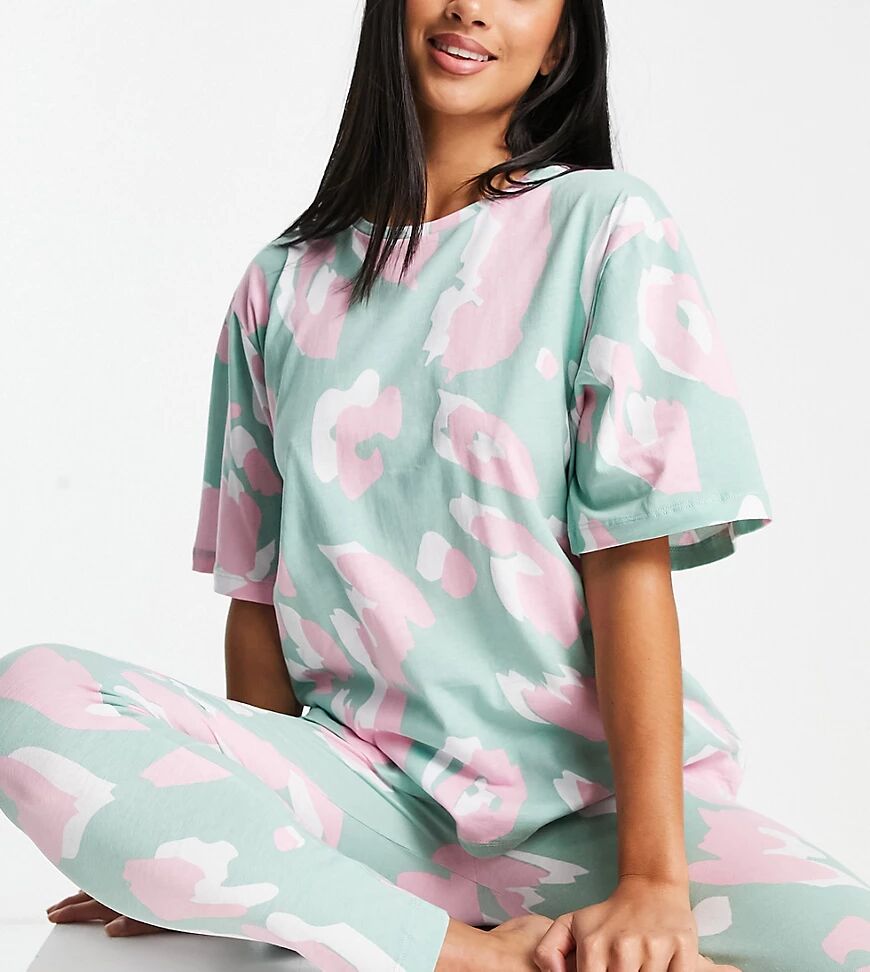 ASOS Petite ASOS DESIGN Petite oversized animal tee & legging jersey pyjama set in sage-Green  Green