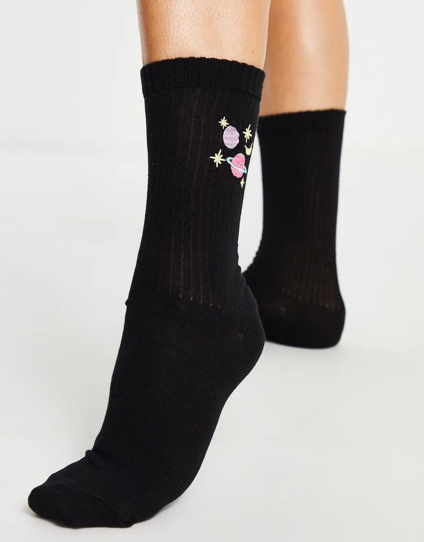 ASOS DESIGN planet embroidered calf length rib socks in black  Black