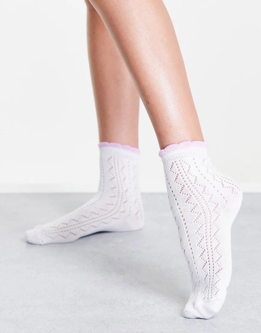 ASOS DESIGN pointelle ankle socks with contrast picot welt in white  White