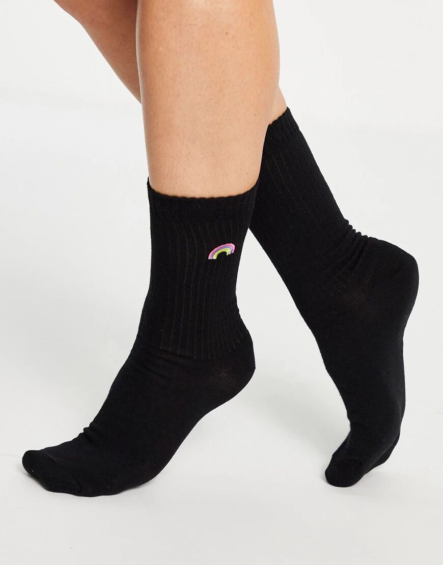 ASOS DESIGN rainbow embroidered calf length rib socks in black  Black