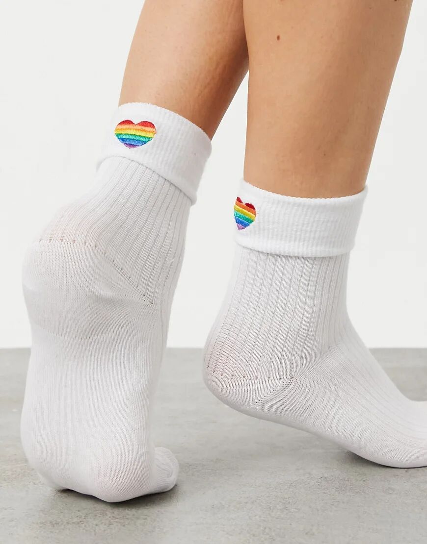 ASOS DESIGN rib fold top ankle sock with rainbow heart-White  White