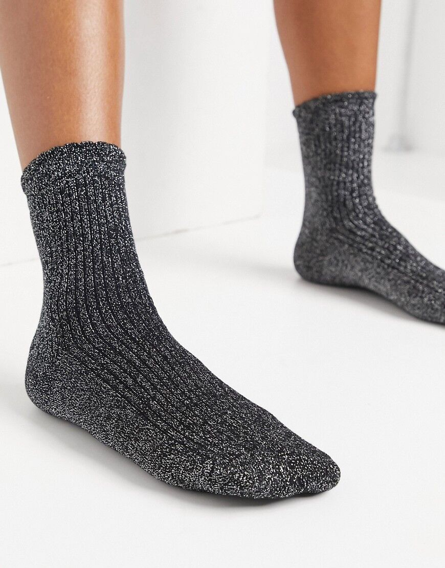 ASOS DESIGN silver glitter ankle socks with scallop edge in black  Black