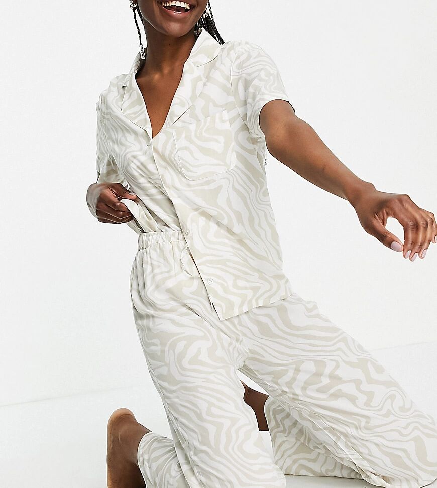 ASOS Tall ASOS DESIGN Tall modal tonal animal traditional short sleeve shirt & trouser pyjama set in light taupe-Neutral  Neutral