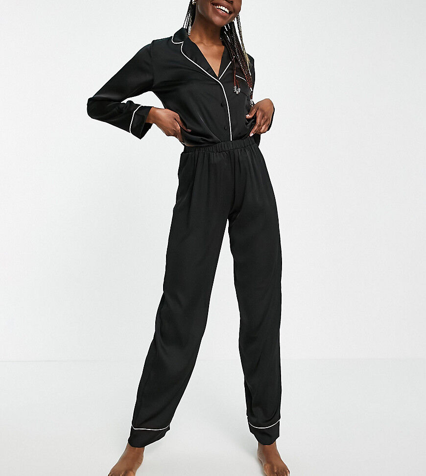 ASOS Tall ASOS DESIGN Tall satin long sleeve shirt & trouser pyjama set in black  Black