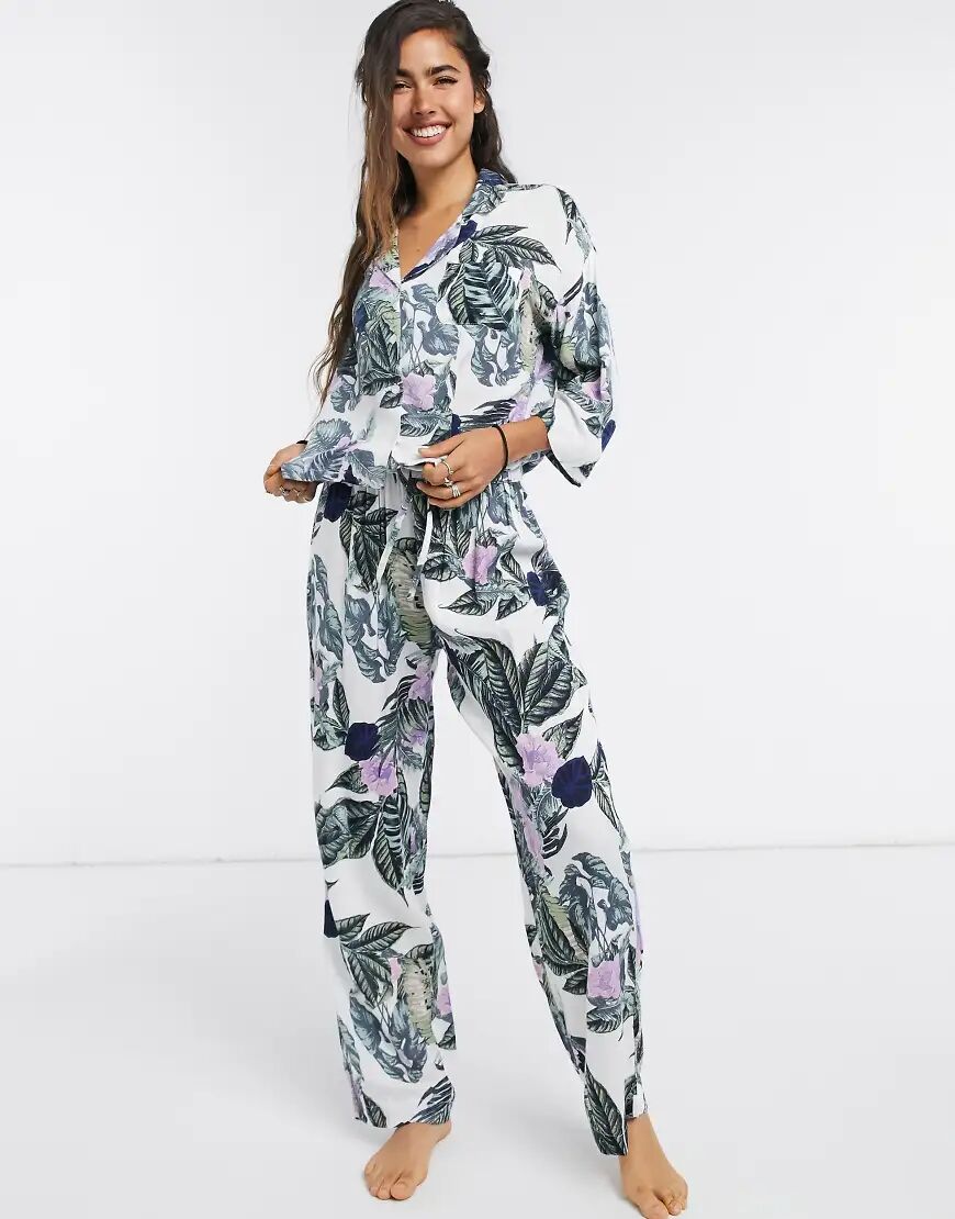 ASOS DESIGN tropical long sleeve shirt & trouser pyjama set in green & purple-Multi  Multi