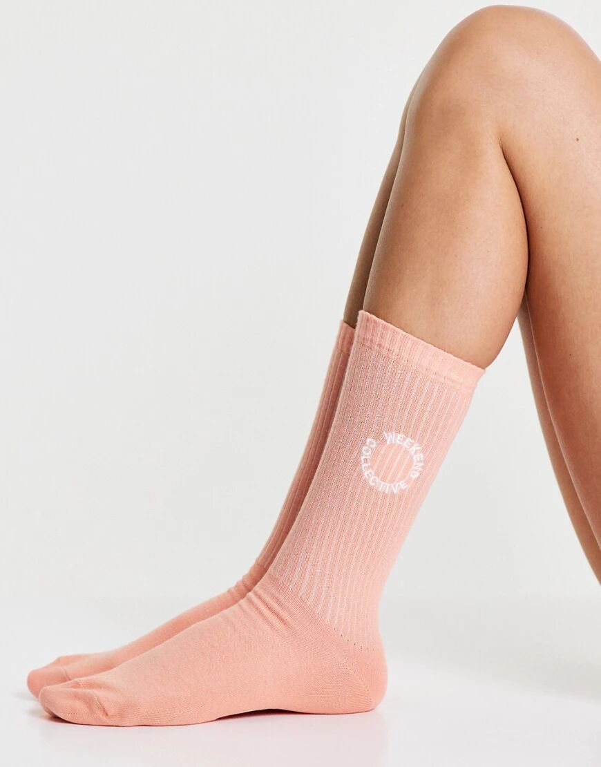 ASOS Weekend Collective calf length rib sock with embroidered logo in apricot-Orange  Orange