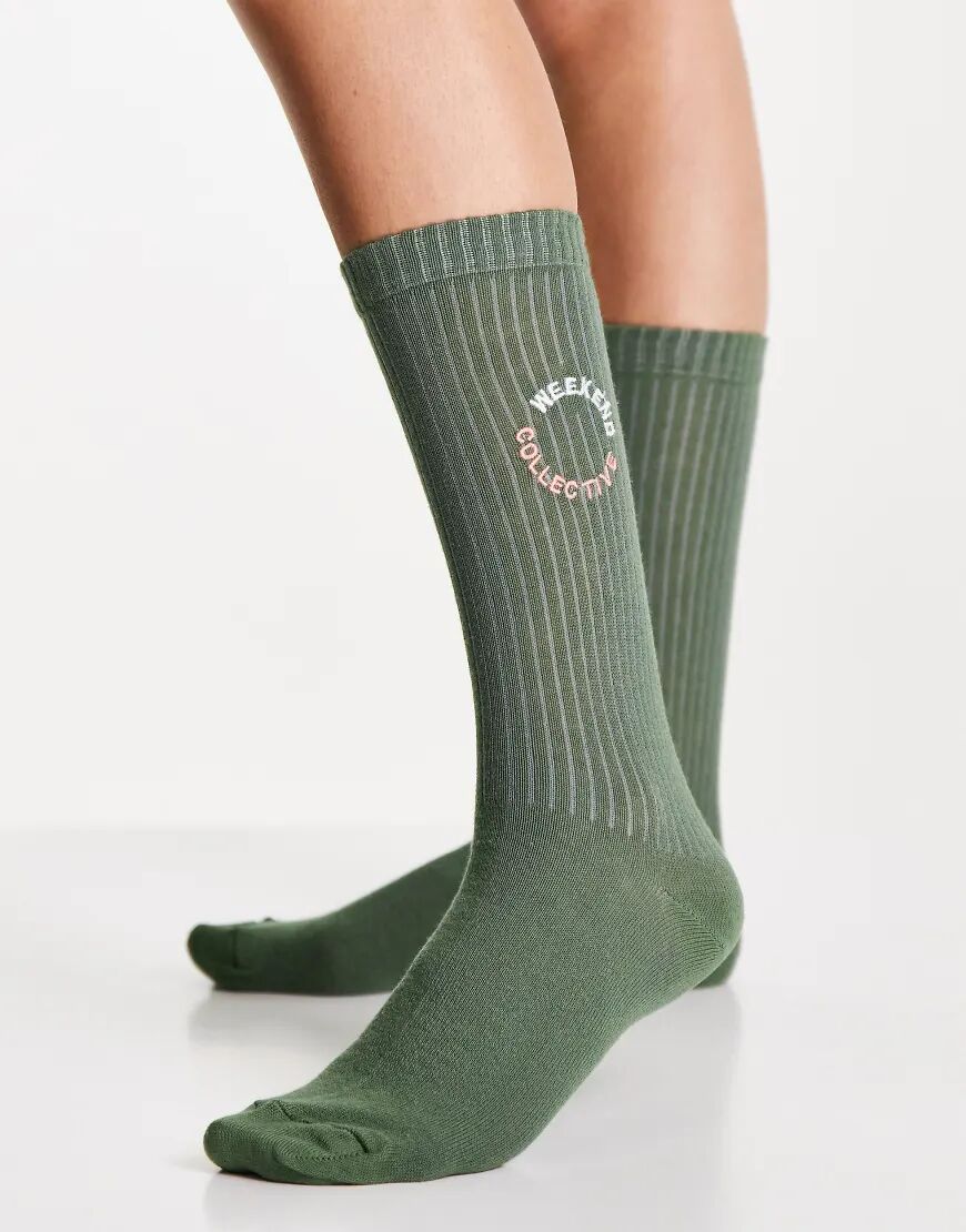 ASOS Weekend Collective calf length rib sock with embroidered logo in khaki-Green  Green