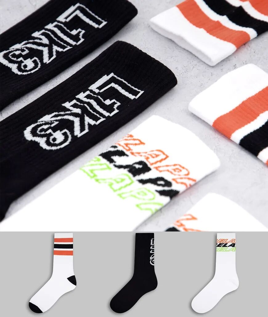 Bershka 3 pack socks with stripe and relax print in black  Black