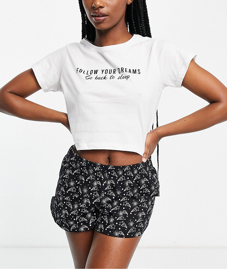 Brave Soul follow your dreams short pyjama set in black and white  White