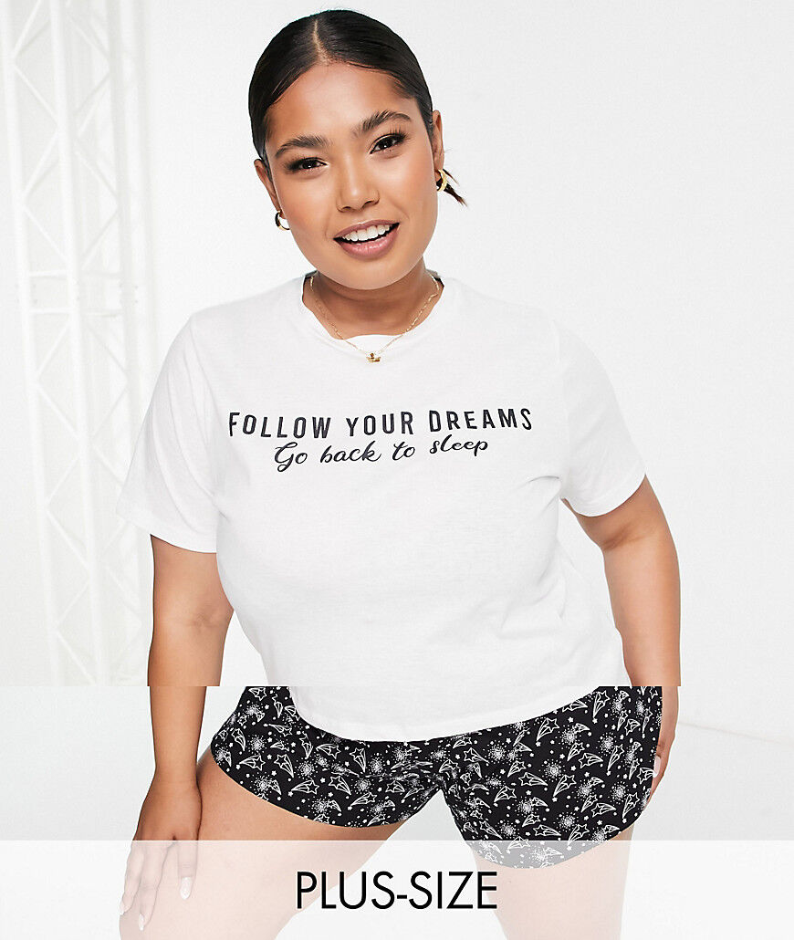 Brave Soul Plus follow your dreams short pyjama set in black and white  White