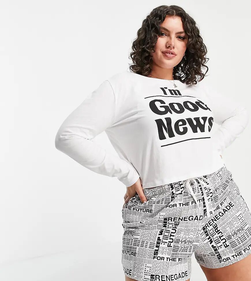 Brave Soul Plus news short pyjama set in balck and white  White