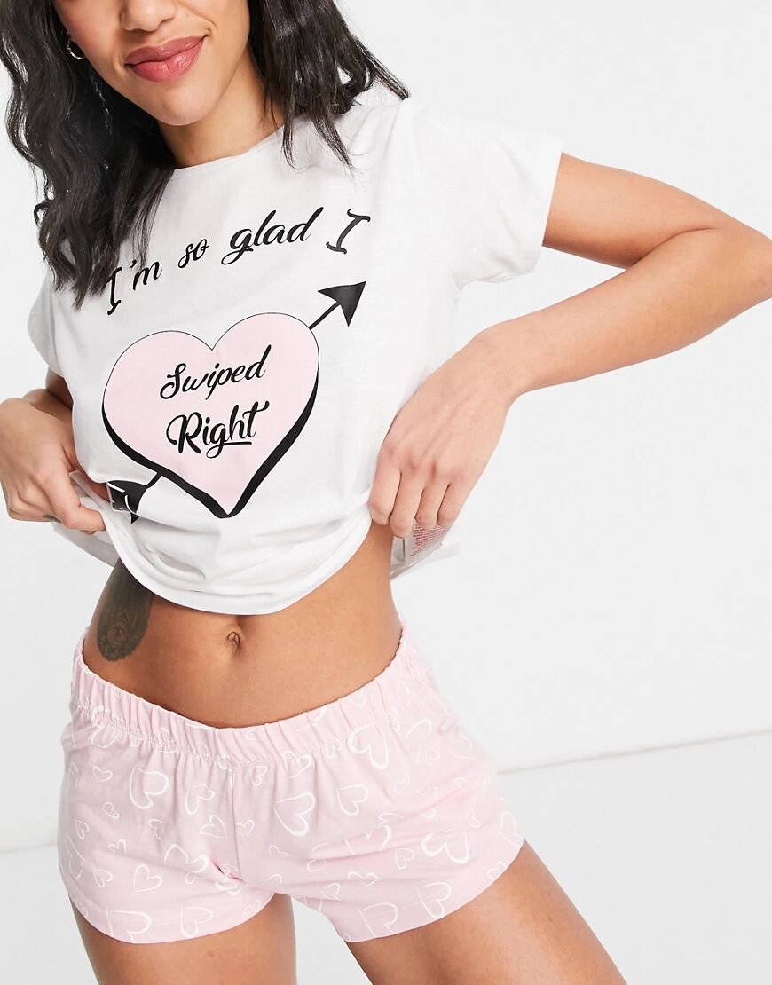 Brave Soul swipe right short pyjama set in white and pink  White