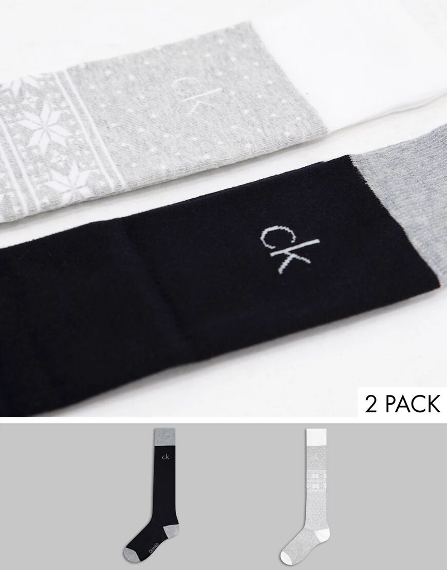 Calvin Klein 2 pack fair isle knee high sock in grey and black  Black