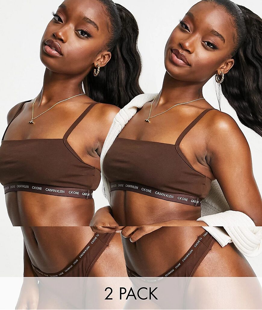 Calvin Klein CK One logo unlined bralette 2 pack in umber-Brown  Brown