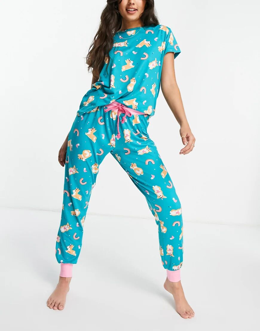 Chelsea Peers corgi print pyjama set in green  Green