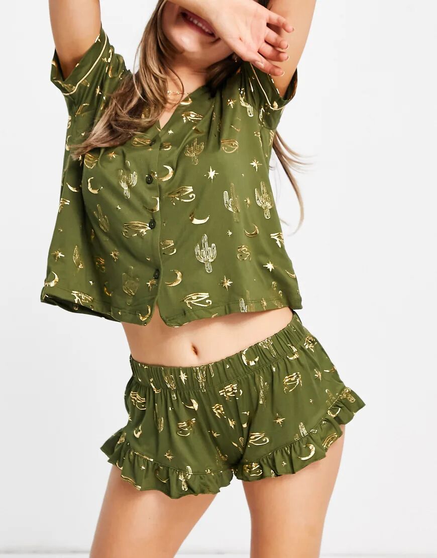 Chelsea Peers foil cactus print pyjama set in khaki-Green  Green