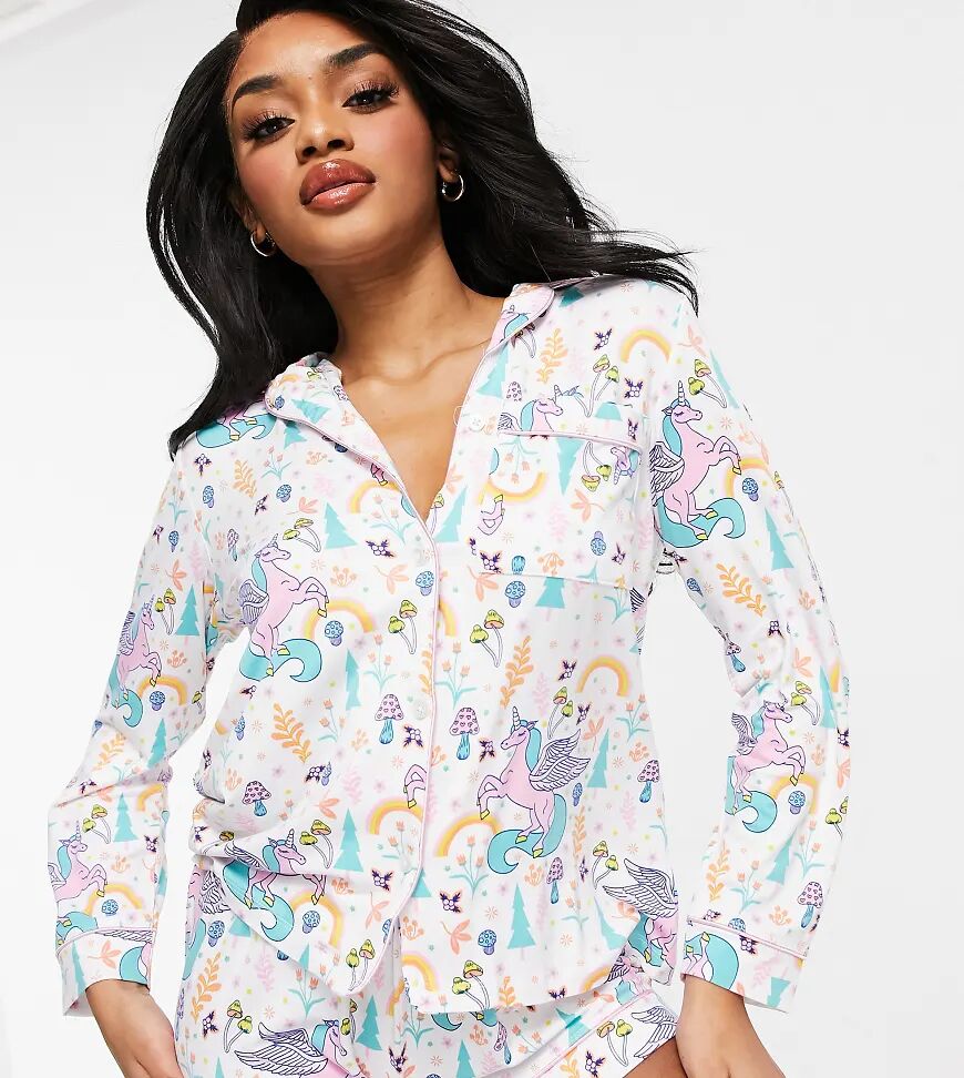 Chelsea Peers Petite unicorn print shirt and shorts pyjama set in multi colour  Multi